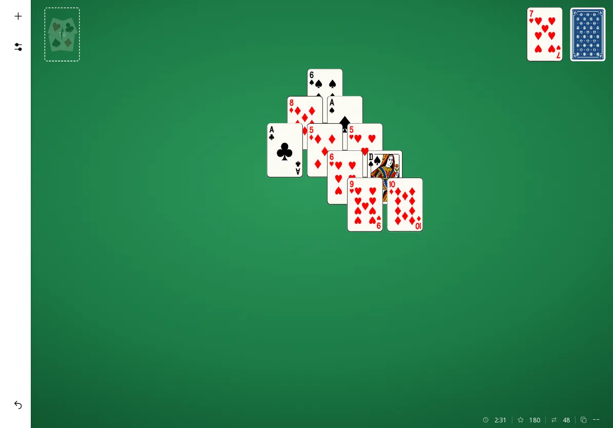 Pyramide Solitaire sur tablette : la même partie (18 cartes retirées, 180 points), en plus grand.