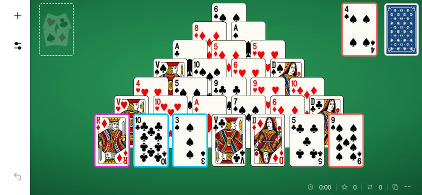 Pyramide Solitaire sur téléphone tenu à l’horizontale, début de partie sur le tapis vert : la pyramide de 28 cartes visibles, la pioche et la défausse (4♠) ; le chrono à 0:00, le score à 0 et aucun coup joué.