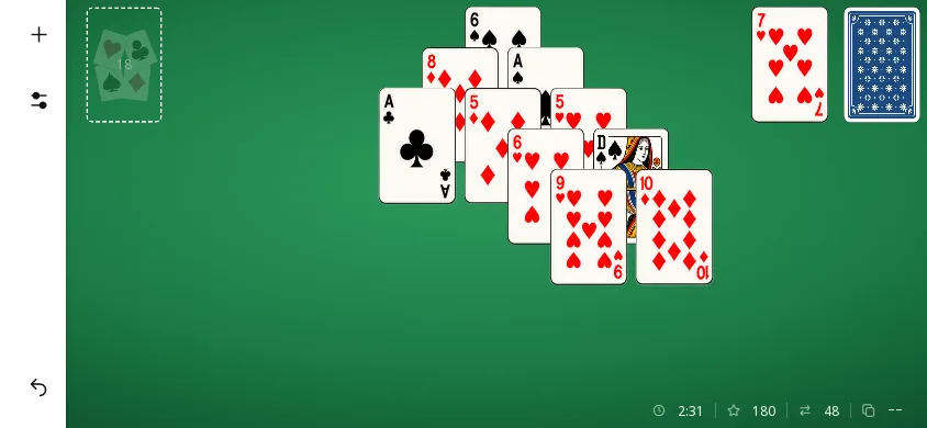 Pyramide Solitaire sur téléphone, partie avancée : 18 cartes retirées de la pyramide, 180 points, 48 coups, chrono 2:31 ; défausse 7♥.